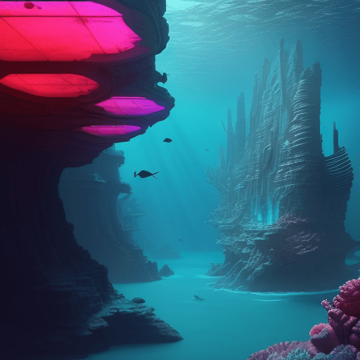 AI generated: underwater city, sandstone, ocean life, synthwave, photorealistic, 8k