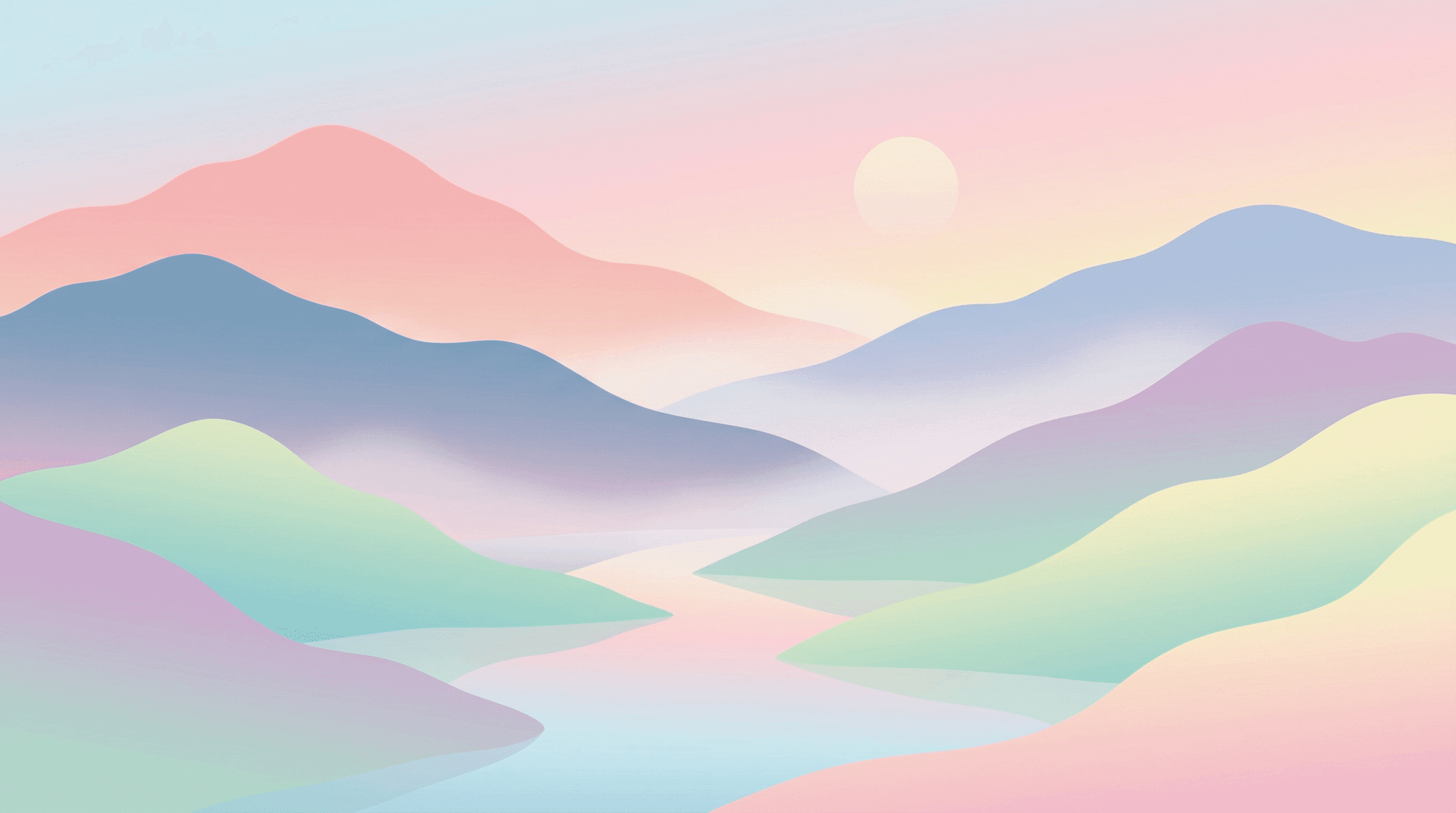 AI generated: minimalist mountain landscape, soft pastel colors, misty valleys, calm and peaceful