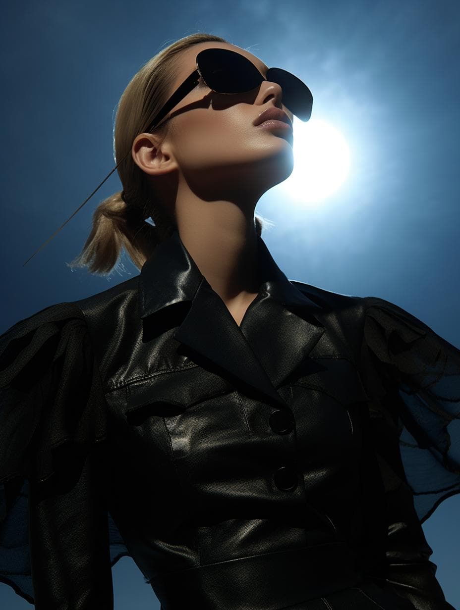 AI generated: a woman in a black dress posing for a magazine, solar eclipse in the sky, fashion model face closed ...