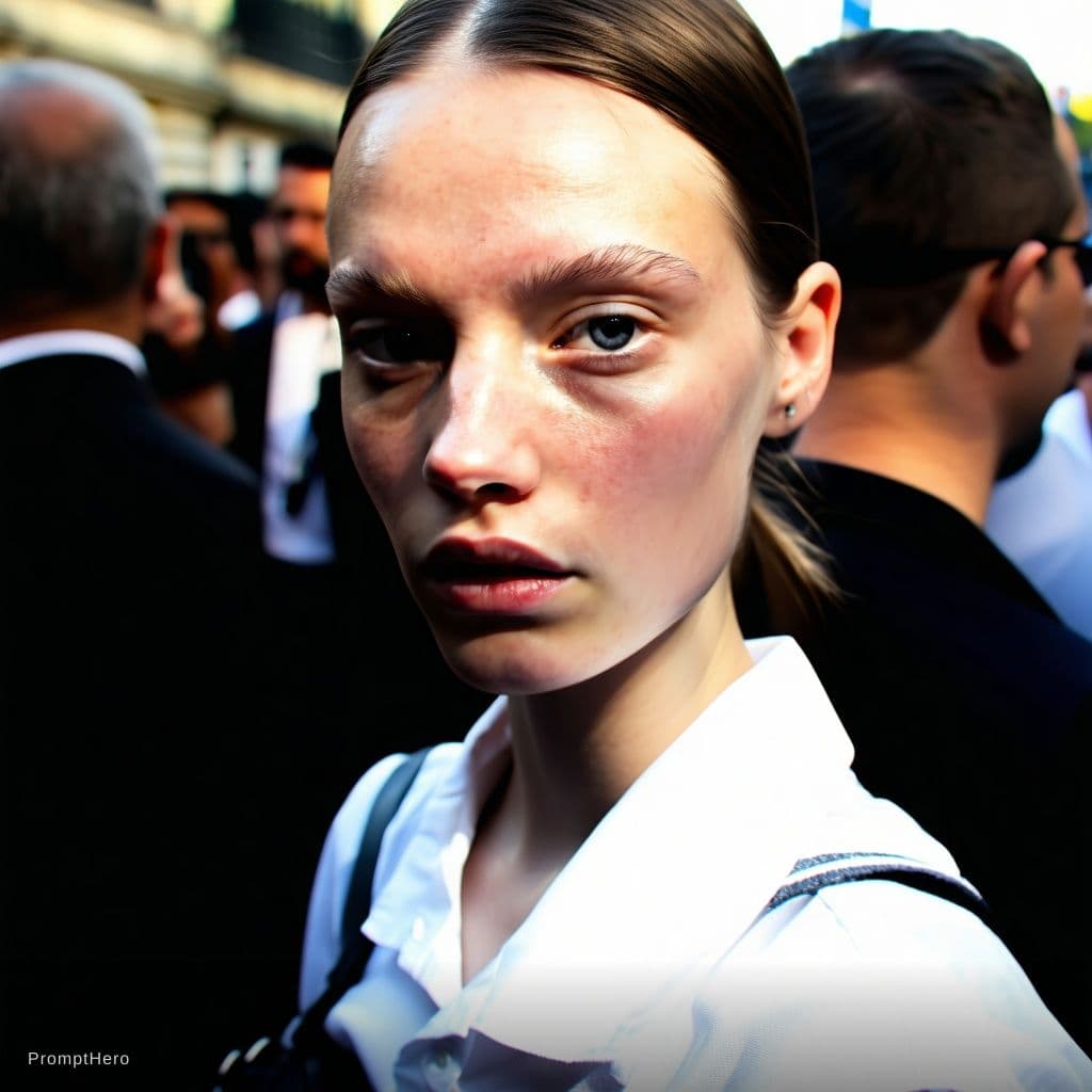 AI generated: Paparazzi-style extreme close-up photo of a woman with striking facial features, caught off-guard wh...
