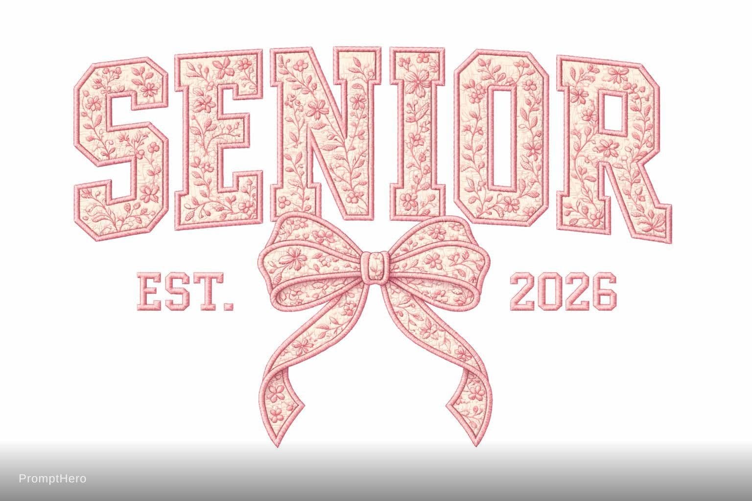AI generated: SENIOR 2026 varsity lettering, letters filled with vintage floral embroidery texture, detailed stitc...