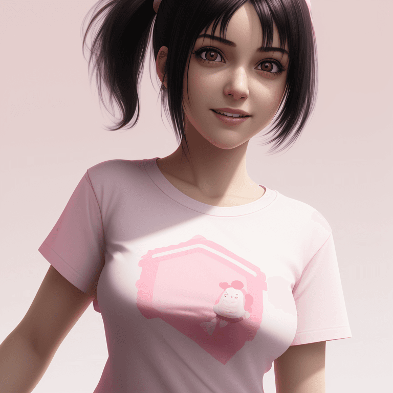AI generated: high detail, octane render, a girl with happy, wearing t-shirt with white pink color, black hair, hi...