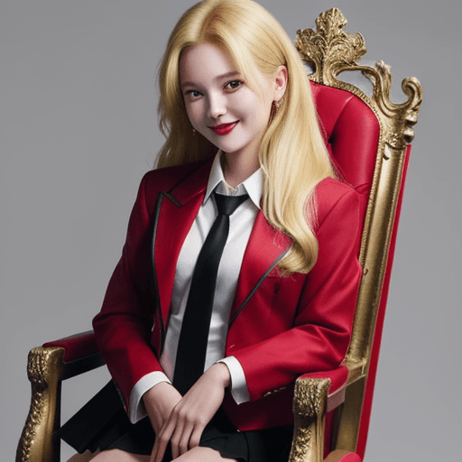 AI generated: A girl with red blazer and with shirt with black tie with blonde long hairs with short skirt sit on ...