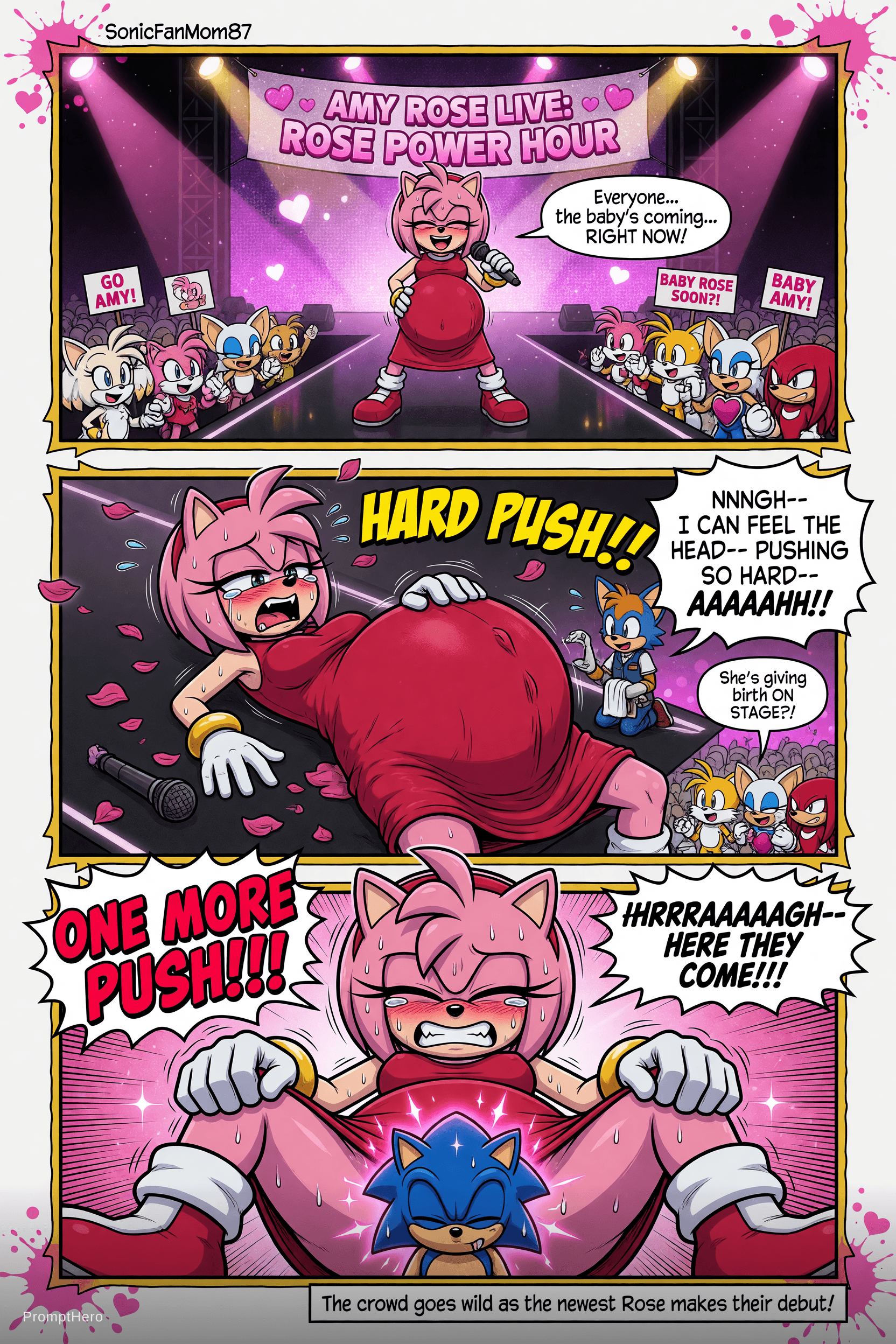 AI generated: Sonic fan comic pregnant amy rose giving birth on stage show hard push