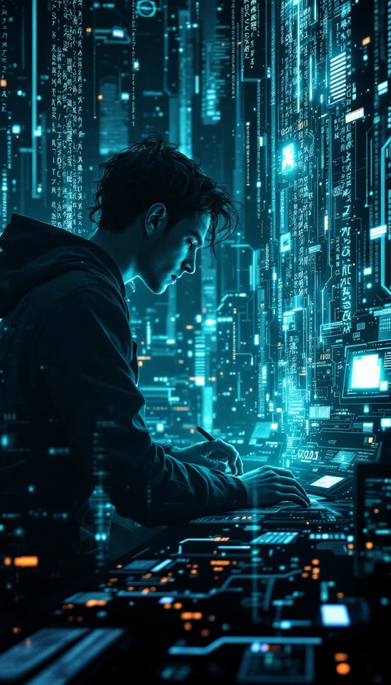 AI generated: Portrait of a futuristic cyberpunk linguist, centered, deciphering holographic languages, in a virtu...