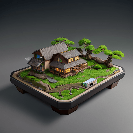 AI generated: A small community living on a bonsai tray::hyperrealistic circuit board::8k