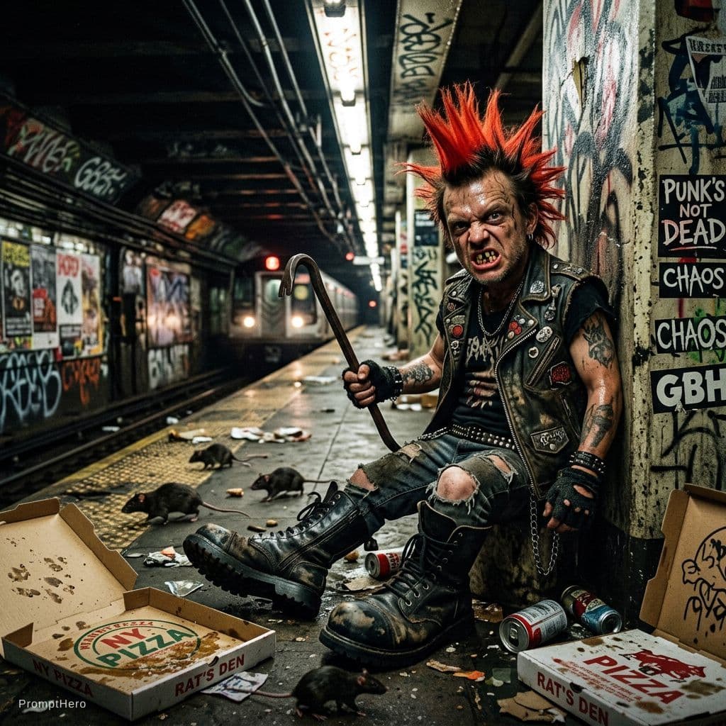 AI generated: A diminutive punk with enormous feet, a flaming red mohawk, and a rotten-toothed sneer sheltering in...