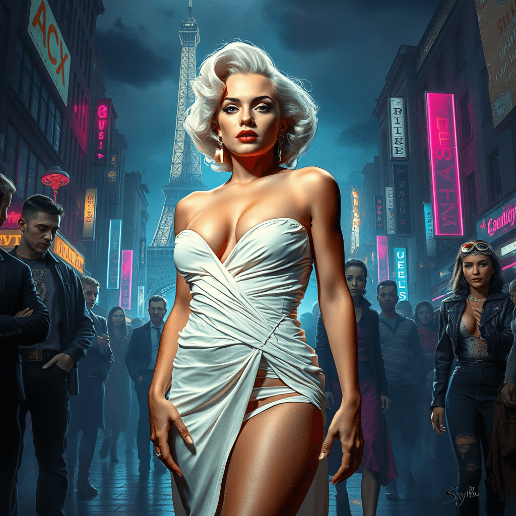 AI generated: Photography of Marilyn Monroe, almond-shaped eyes,  standing confidently in the center of a dimly ci...