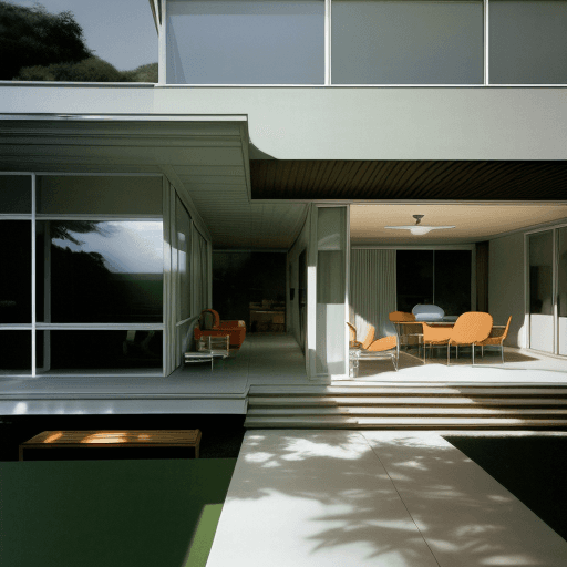 AI generated: Hyper realistic eye level exterior photo of a mid century modern style house overlooking the ocean, ...