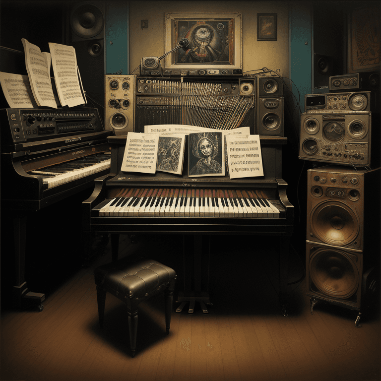 AI generated: music Album cover picture, punk, surreal art, oil picture, radio broadcast, piano, organ, radio stud...