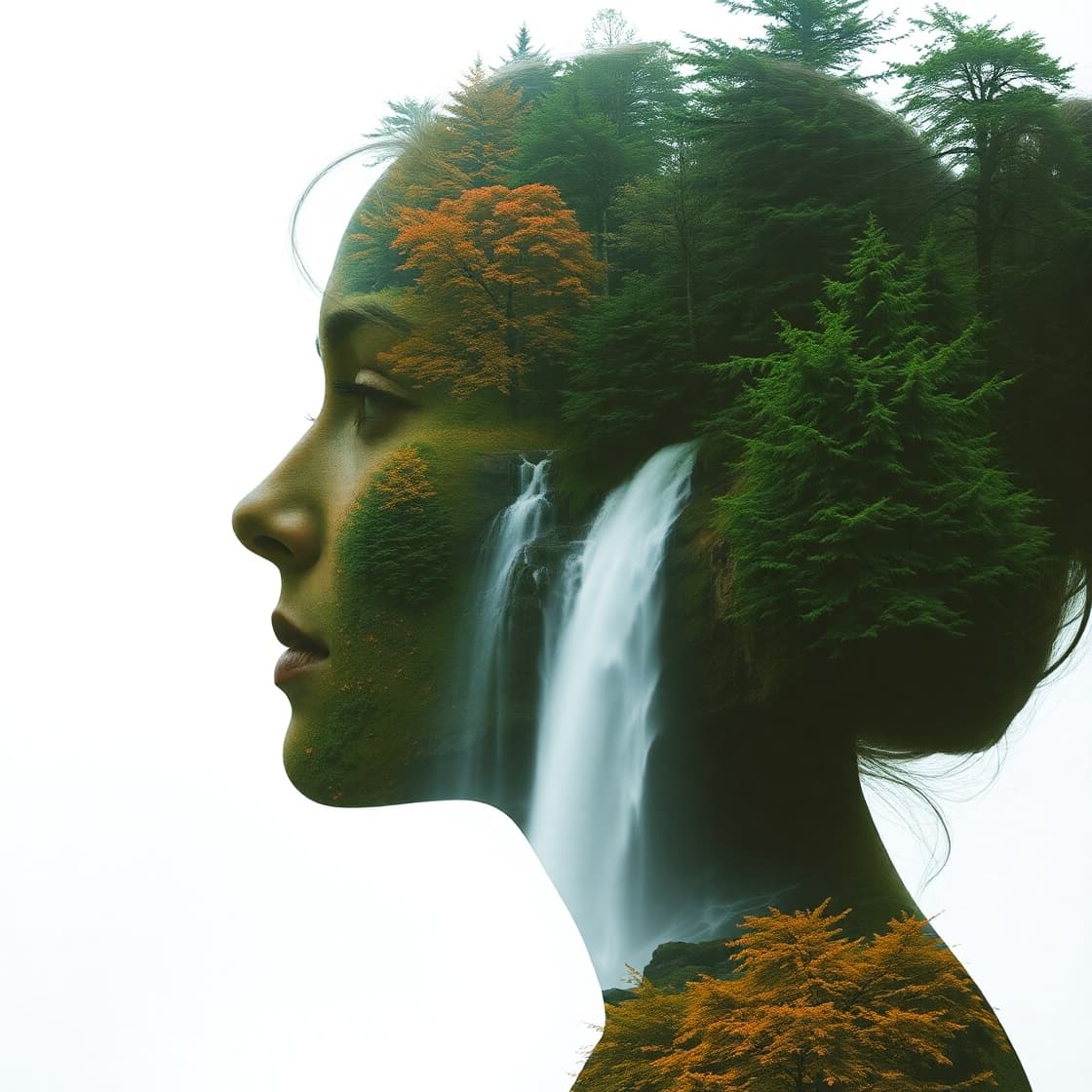 AI generated:  Abstract style waterfalls, wildlife inside the silhouette of a woman head that is a double exposure...