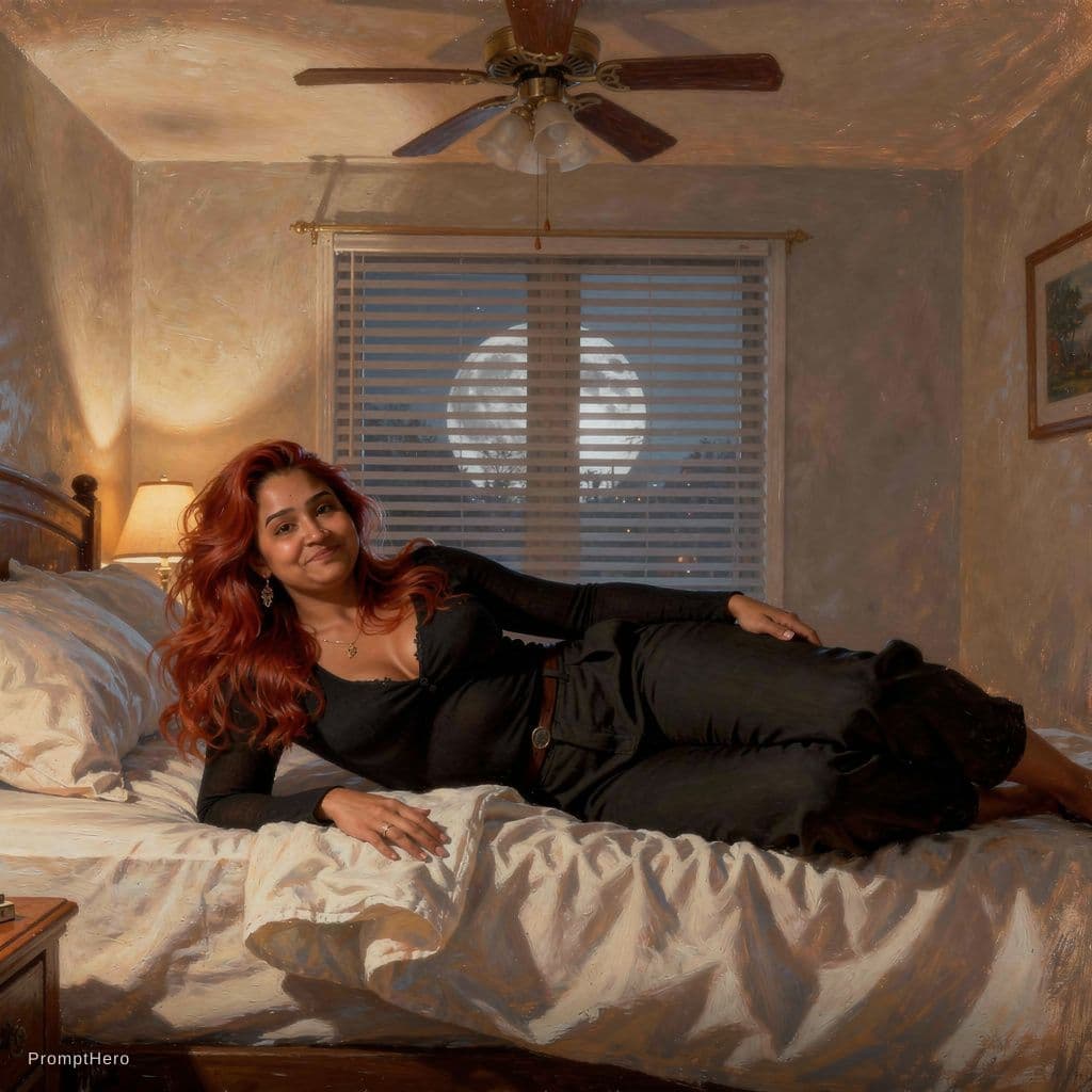 AI generated: A woman with long, tousled red hair cascading in loose waves over her shoulders lies sprawled across...