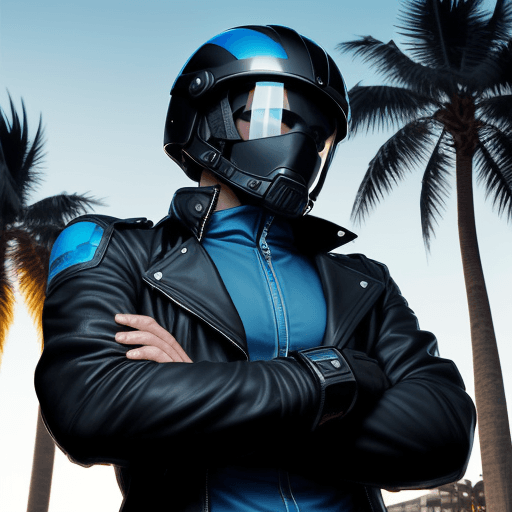 AI generated: an adventurous biker with crossed arms, long-sleeved jacket, torso slightly tilted to the right, wit...