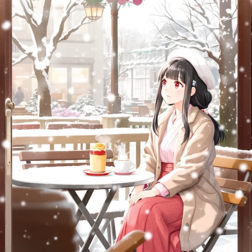AI generated: winter, snowing, Outdoor seating at the Café, a pencake and a cup of tea are on table, the girl is l...