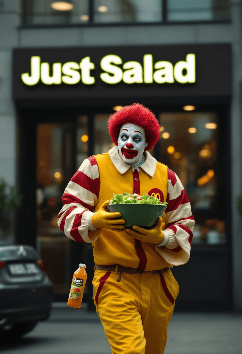 AI generated: A hyper-realistic image of Ronald McDonald, the iconic McDonald's clown character, wearing his signa...
