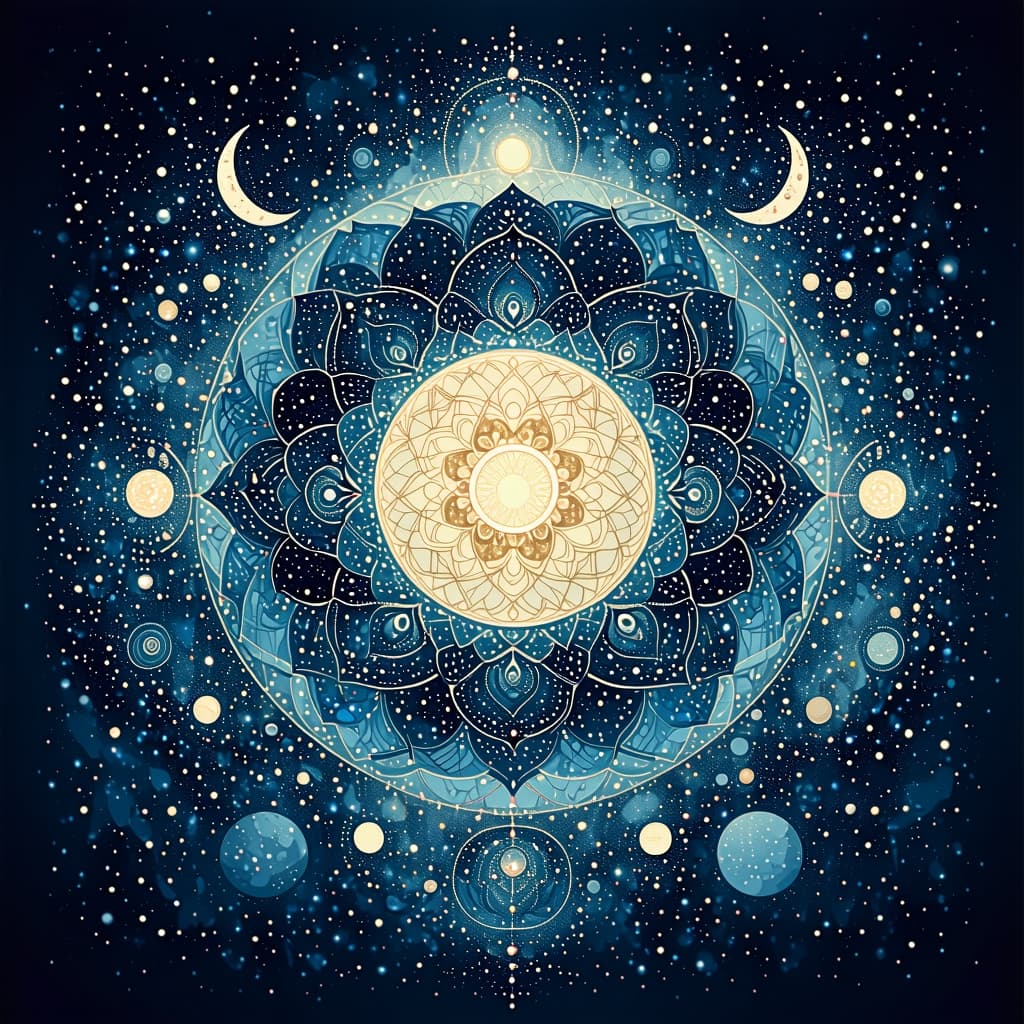 AI generated: A mesmerizing **celestial mandala** designed to promote **deep relaxation and mindfulness**, featuri...