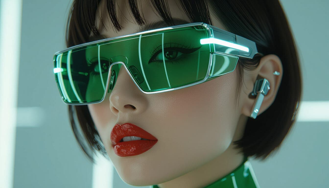 AI generated:  Close-up of a Thai model with short hair and red lipstick, wearing dark green translucent futuristi...
