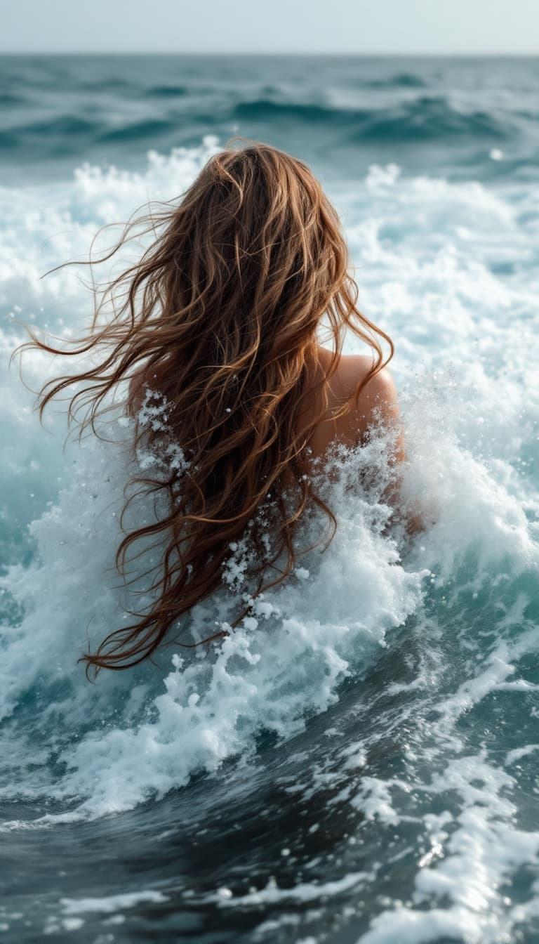 AI generated: Scene: The waves fully transform into the hair of a woman.
Features: The woman’s back is to us, with...
