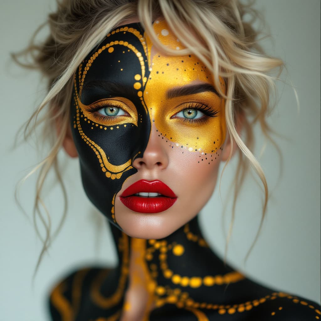 AI generated: An image of a woman with a hyperrealistic style, showcasing an elaborate body paint design. The skin...