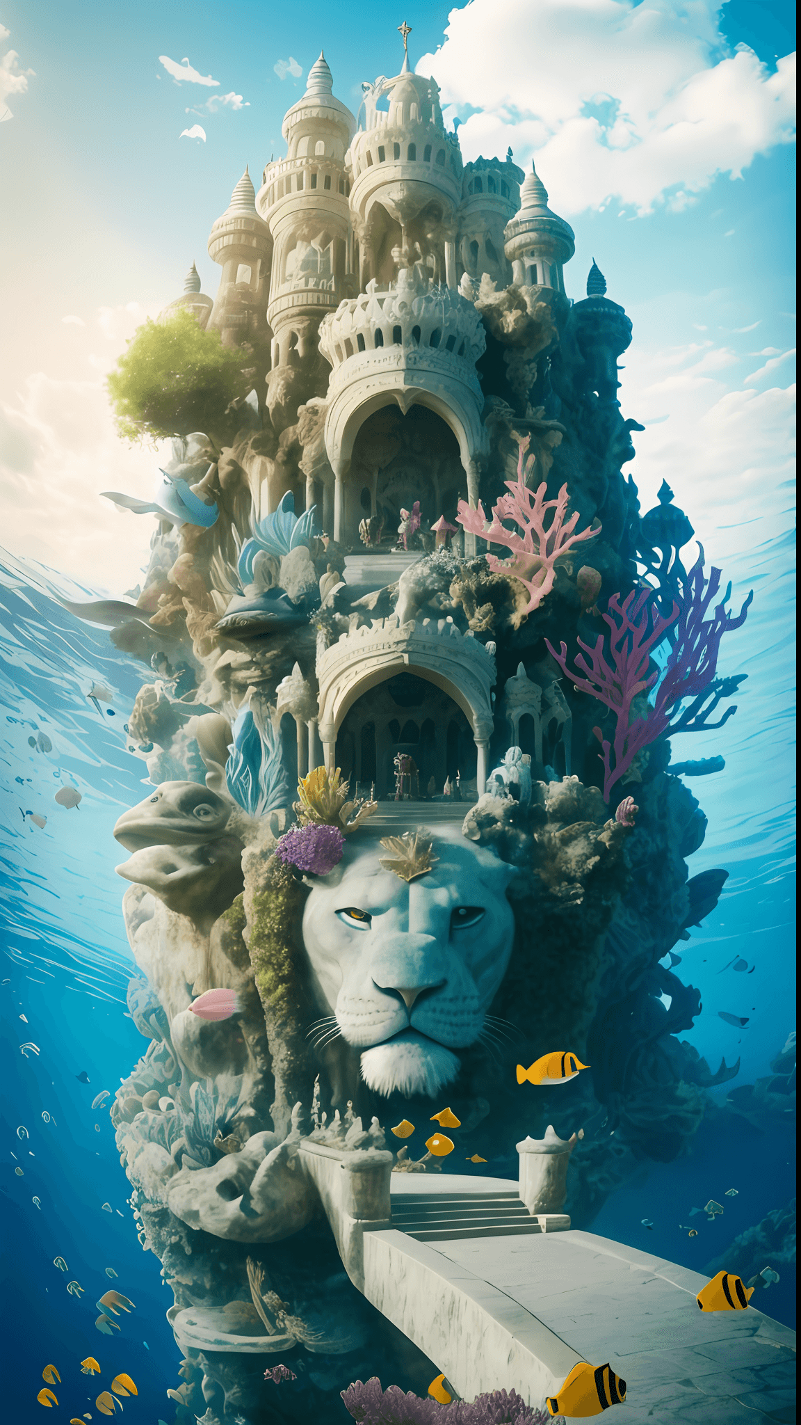 AI generated: In the deep sea, in the sea, the palace of the underwater world is built on the mountain, and a huge...