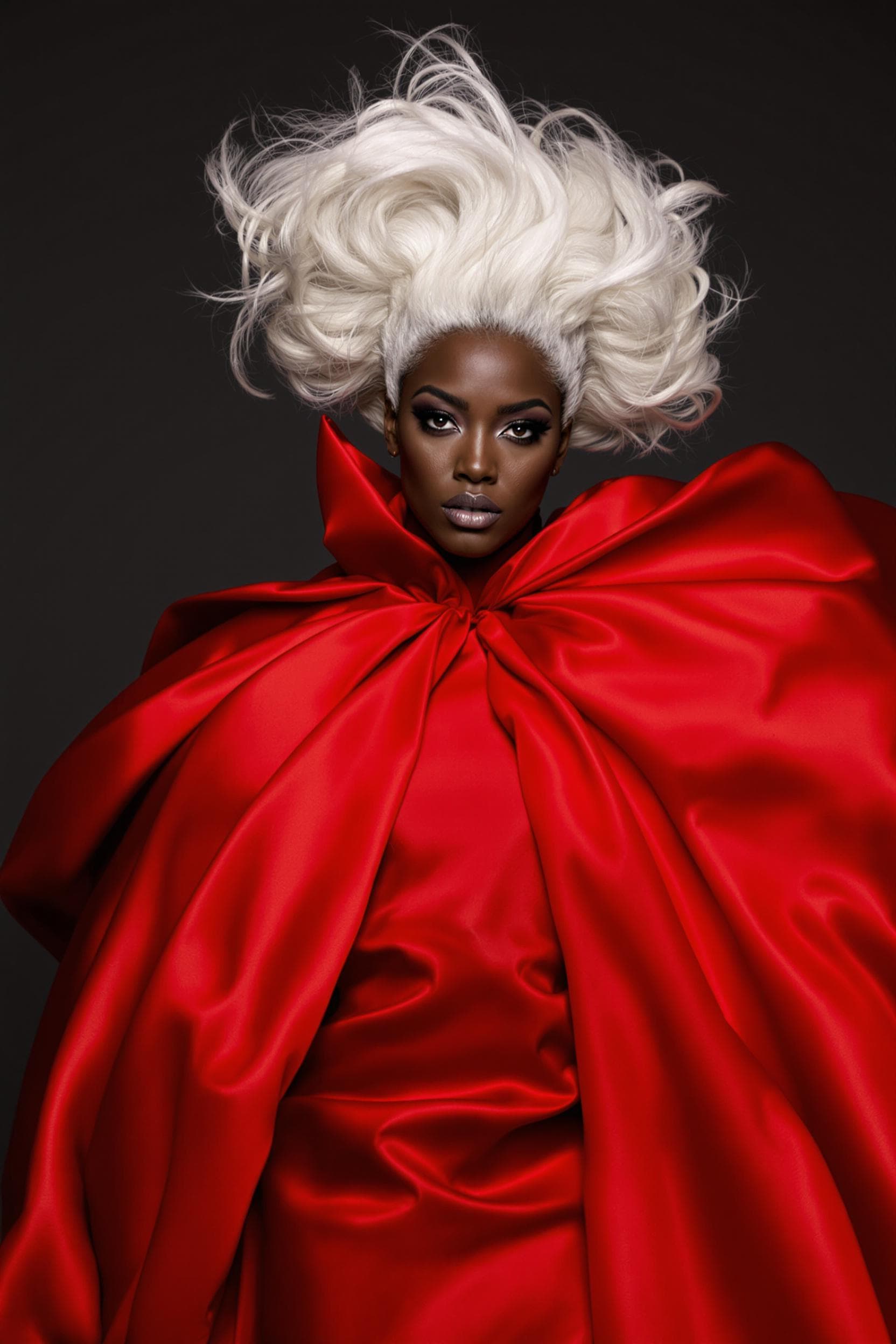 AI generated: A striking image where a woman with dramatic white hair and a vibrant red dress is posed against a d...