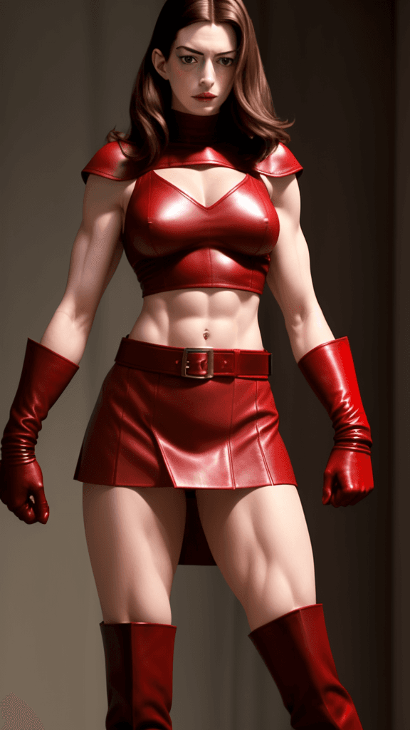 AI generated: Anne Hathaway as strong muscular woman, toned biceps, wears red Leather skirt, red Leather Gloves an...
