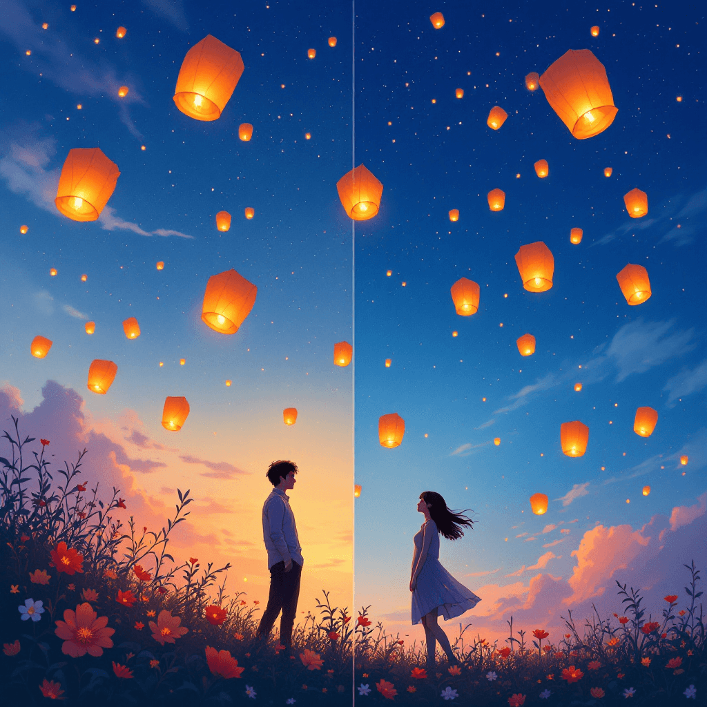 AI generated: Deep blue sky, orange, Kongming lanterns flying in the sky, late at night girl and girl in love ,flo...
