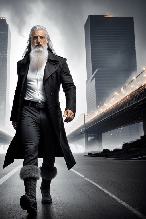 AI generated: professional full body portrait, (((full body and head))), old warrior walking, white beard, long cu...