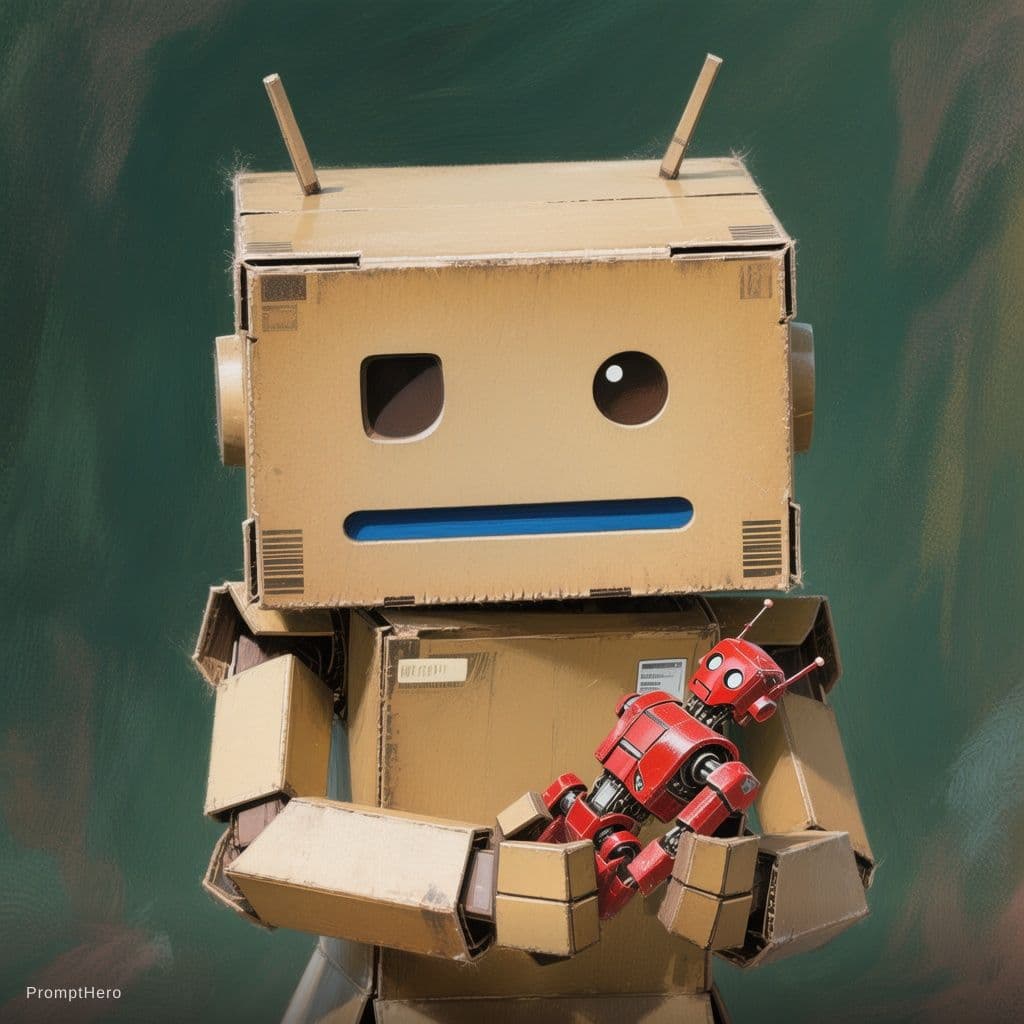 AI generated: A robot made of cardboard in natural light brown color, with antennas, prism-shaped body and head, b...