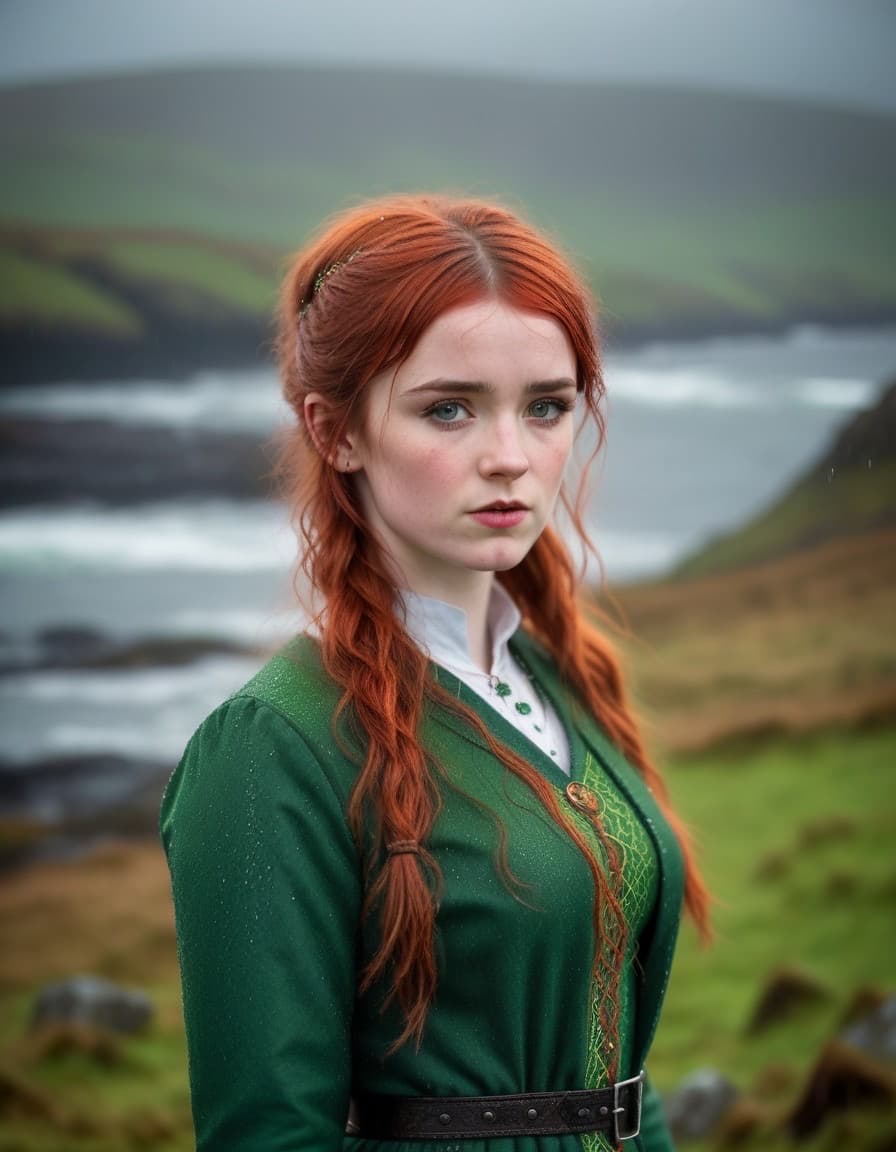 AI generated: candid shot, An Irish girl, style of spirit of Ireland, celticpunk, gaelic, surroundings of Connemar...