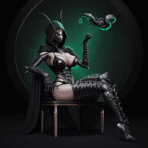 AI generated: Ultra-fine digital photoart of D'Vorah from Mortal Kombat, armored silhouette, high heel wedges blac...