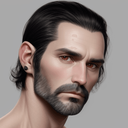 AI generated: make an 44 year old black haired, bored, pale, skinnier face man from britain with shaved bear and h...