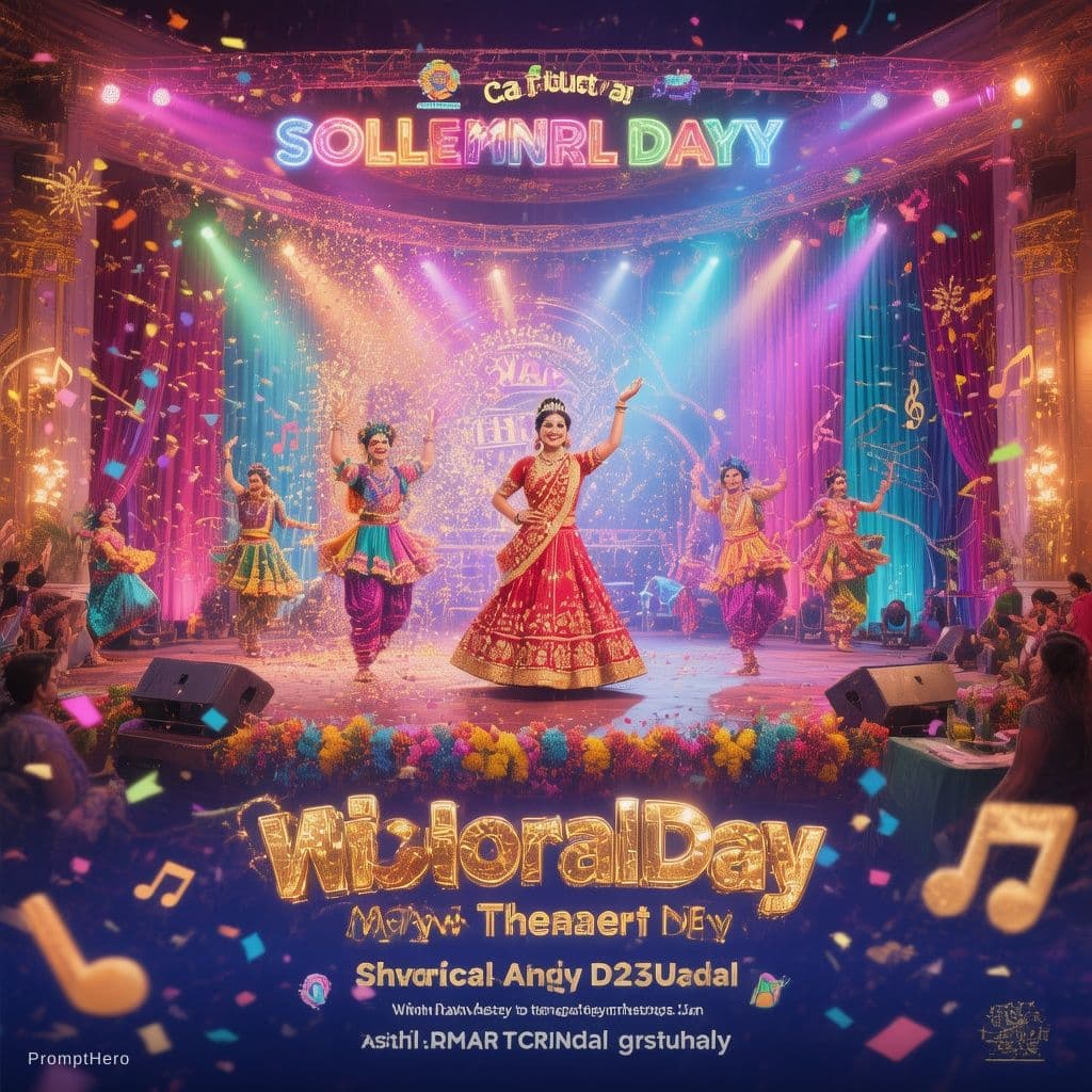 AI generated:  vibrant and festive school annual day celebration poster. Background features a brightly lit stage ...