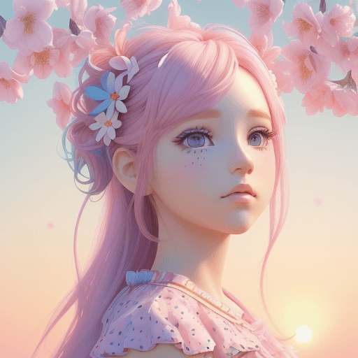 AI generated: Beauty spring floral 3d digital art on sunrise background with girl and flowers in hair, dotted, pin...
