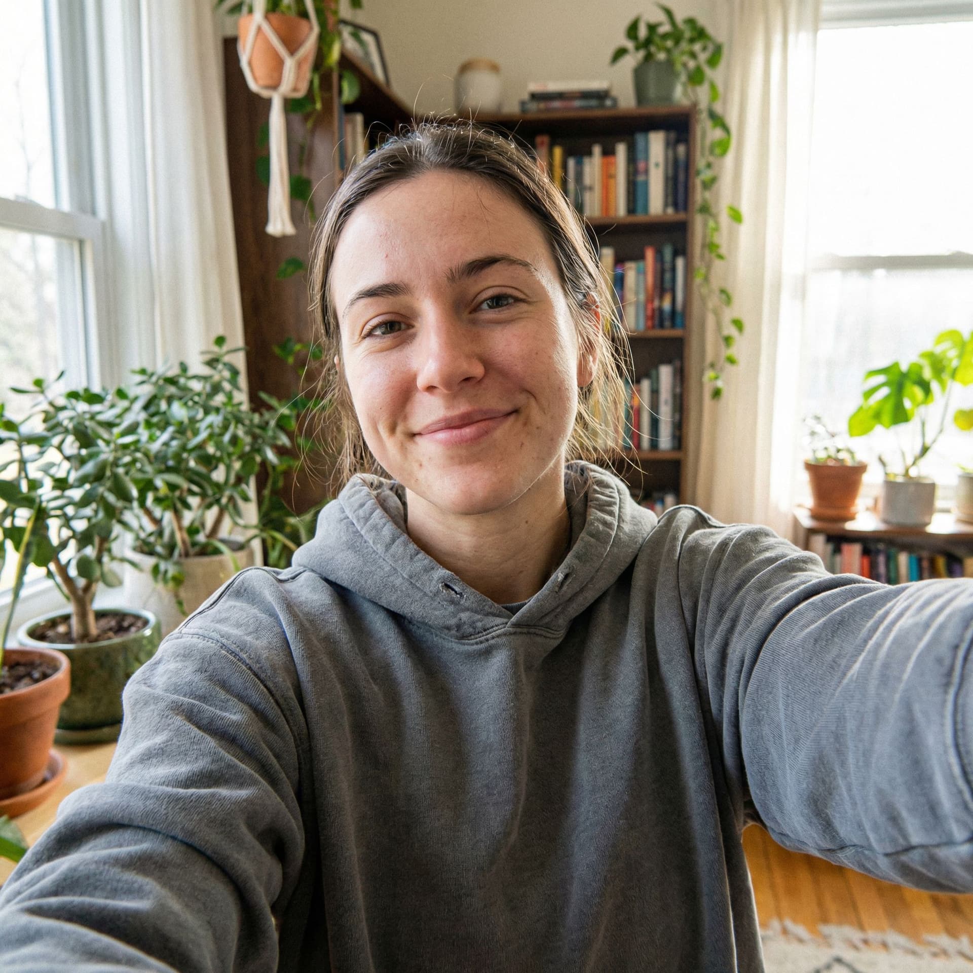 AI generated: Casual iPhone selfie photo. Natural arm-length framing, slightly wide-angle front camera perspective...