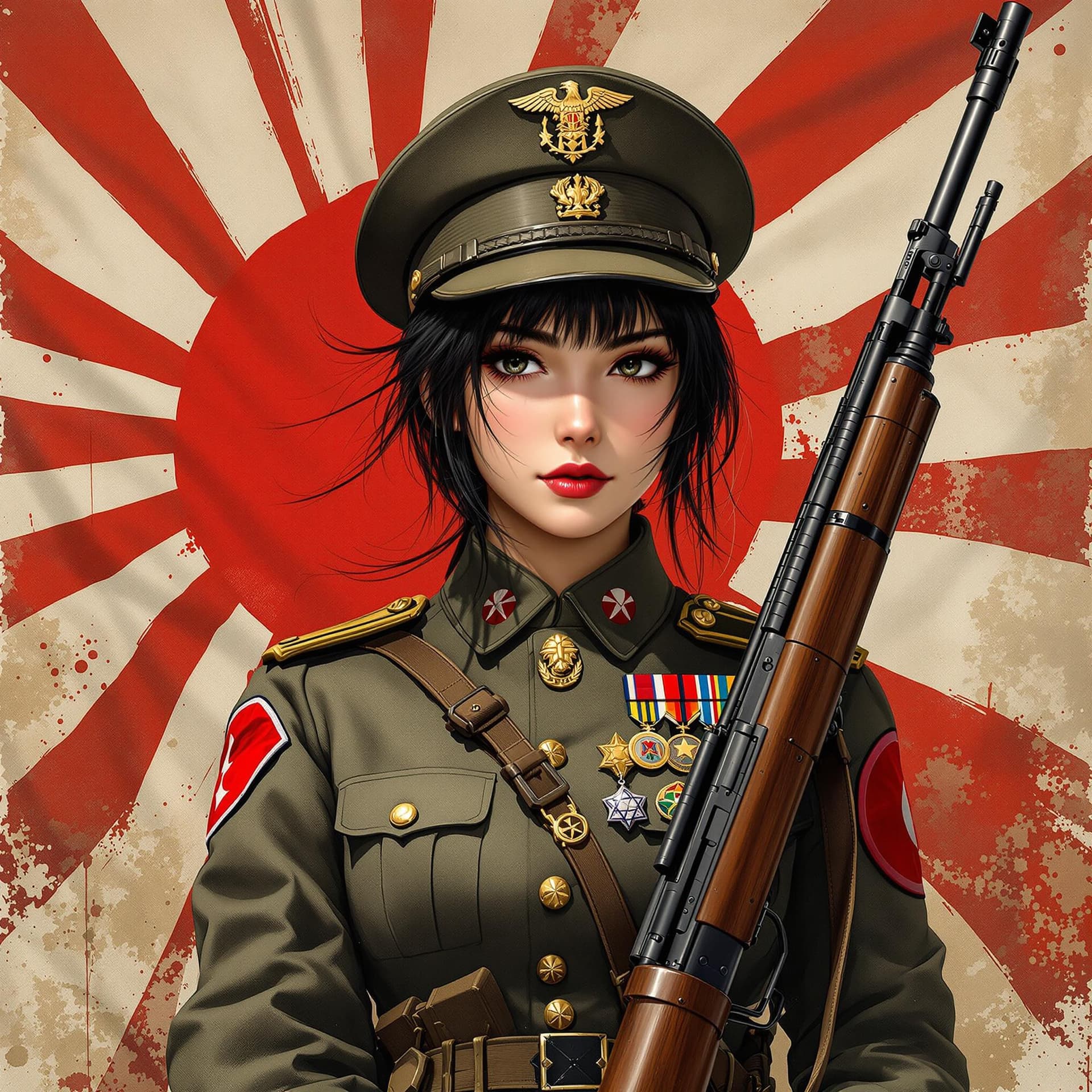 AI generated: Paint a beautiful japanese army girl,black hair,japanese empire ww2 officer uniform ,arisaka bolt ac...