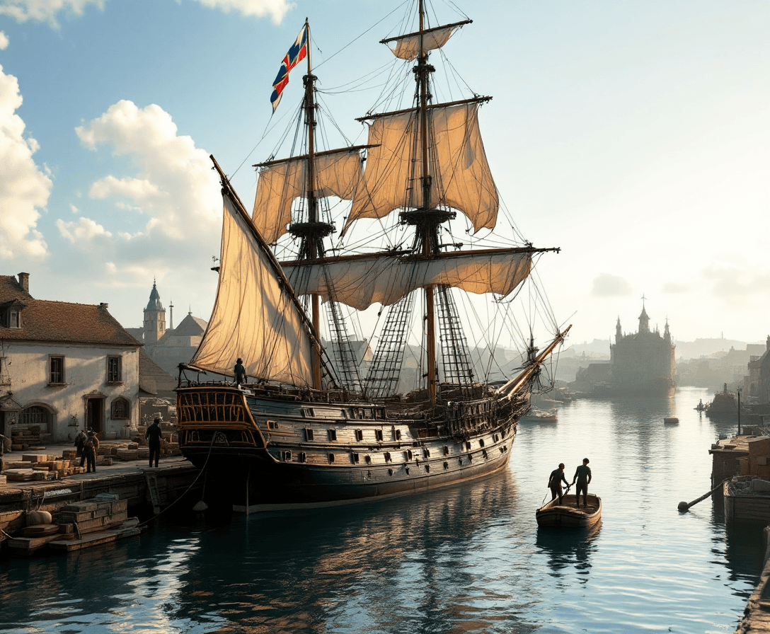 AI generated: Photo of a ultra realistic sailing ship, in the early 1800's, anchored at an old European port, crew...