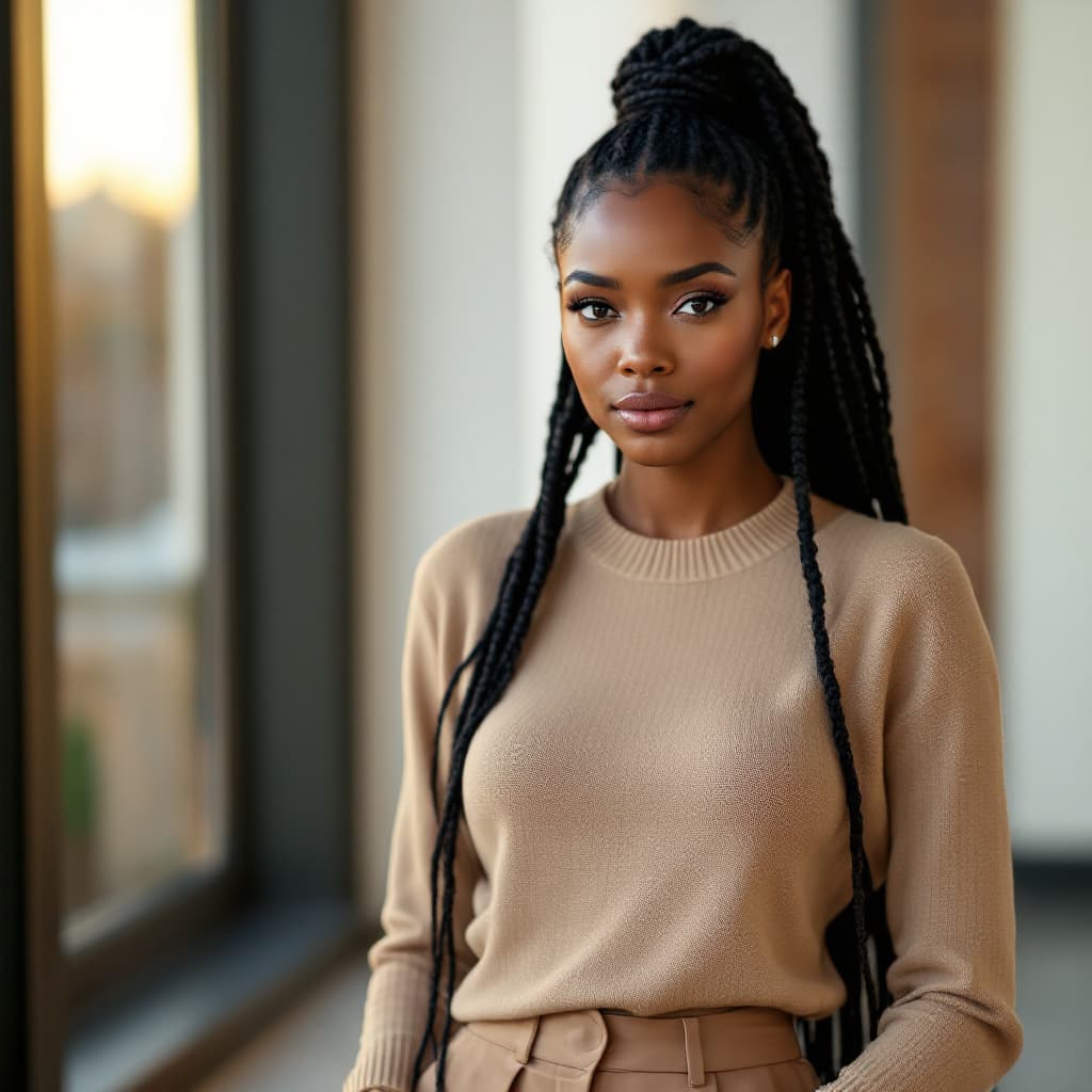 AI generated: A 26-year-old African-American woman with deep brown skin and long box braids pulled into a high pon...