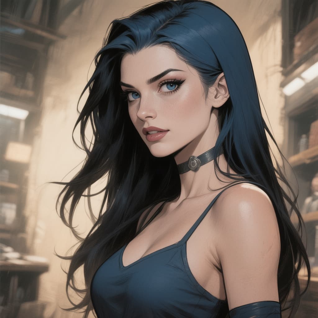 AI generated: a woman with long black hair , dark blue and dark black, michael garmash, comic art, realistic color...