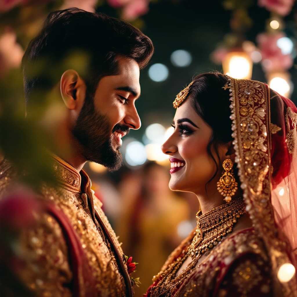 AI generated: Side Profile Closeup:
"A closeup side profile shot of an Indian bride and groom gazing at each other...