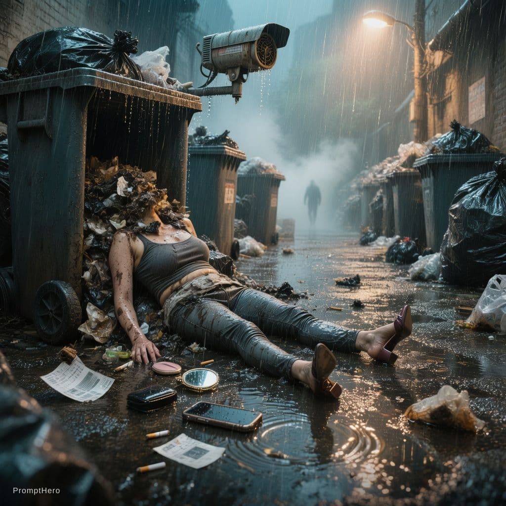 AI generated: A scene from a neo-noir horror crime thriller set in a landfill in a small provincial town in South ...