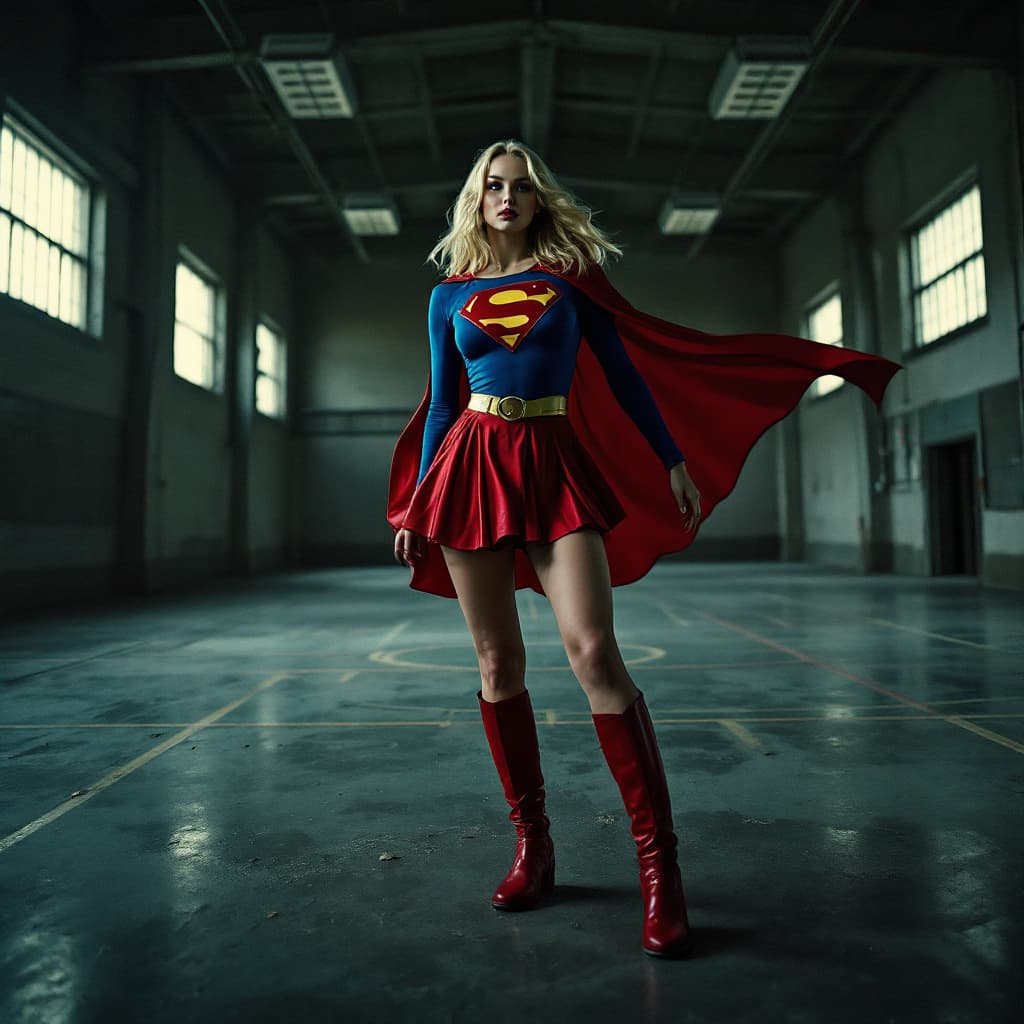 AI generated: Action pose. peril. Masterpiece, Fujifilm XT3, Best quality, ultra-detailed. 1970s Supergirl (Beauti...