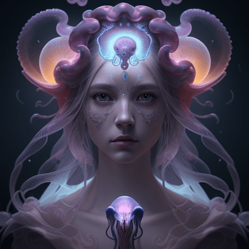AI generated: Goddess close-up portrait ribcagel. jellyfish phoenix head, nautilus, orchid, skull, betta fish, bio...