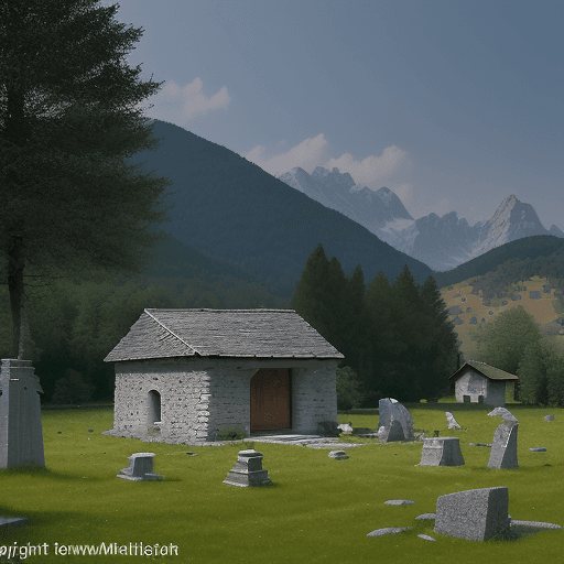 AI generated: a large stone hut, without windows, with a wooden roof in a meadow near the woods of the Alps. insid...