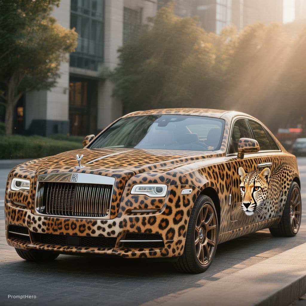 AI generated: "I want a luxurious Rolls-Royce car with a stylish cheetah print wrap."