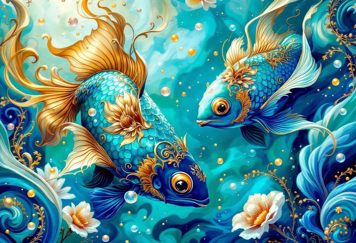 AI generated: A vibrant, short, textured, oil paint, underwater scene features two ornate blue-gold fish swimming ...