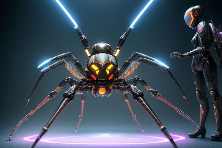 AI generated: illuminated, translucent, A Spider and Wasp ::5 hyper-realistic robot insects fight in a futuristic ...