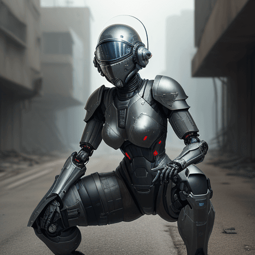 AI generated: black armed female figure in sci-fi battle armor with cybernetic helmet, aiming on one knee, mask, s...