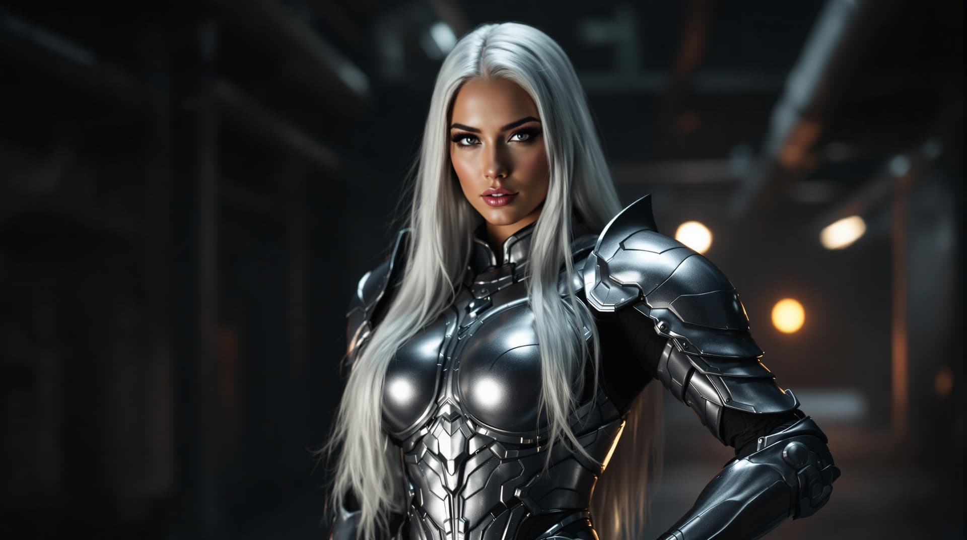 AI generated: a beautiful stunning woman clad in a silver suit of armor, posing confidently in a dark, industrial ...