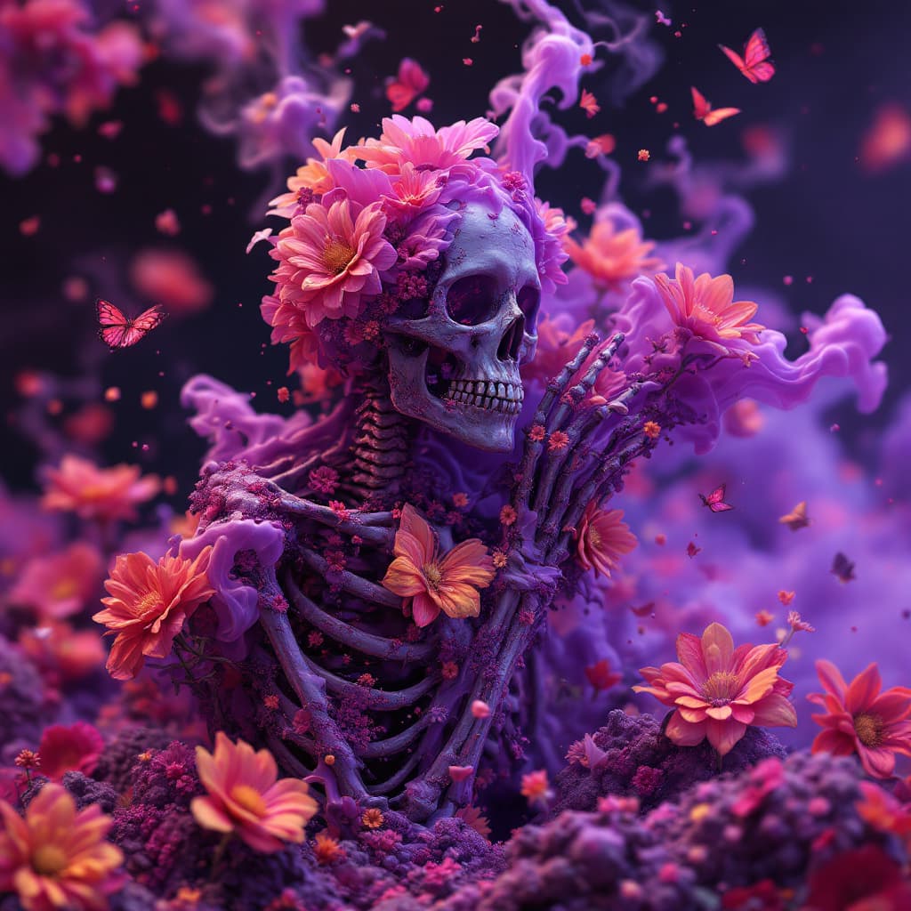 AI generated: colorful flowers, dmt style, 3d render, Skeleton in 'Fluid Fragments', morphing seamlessly between a...